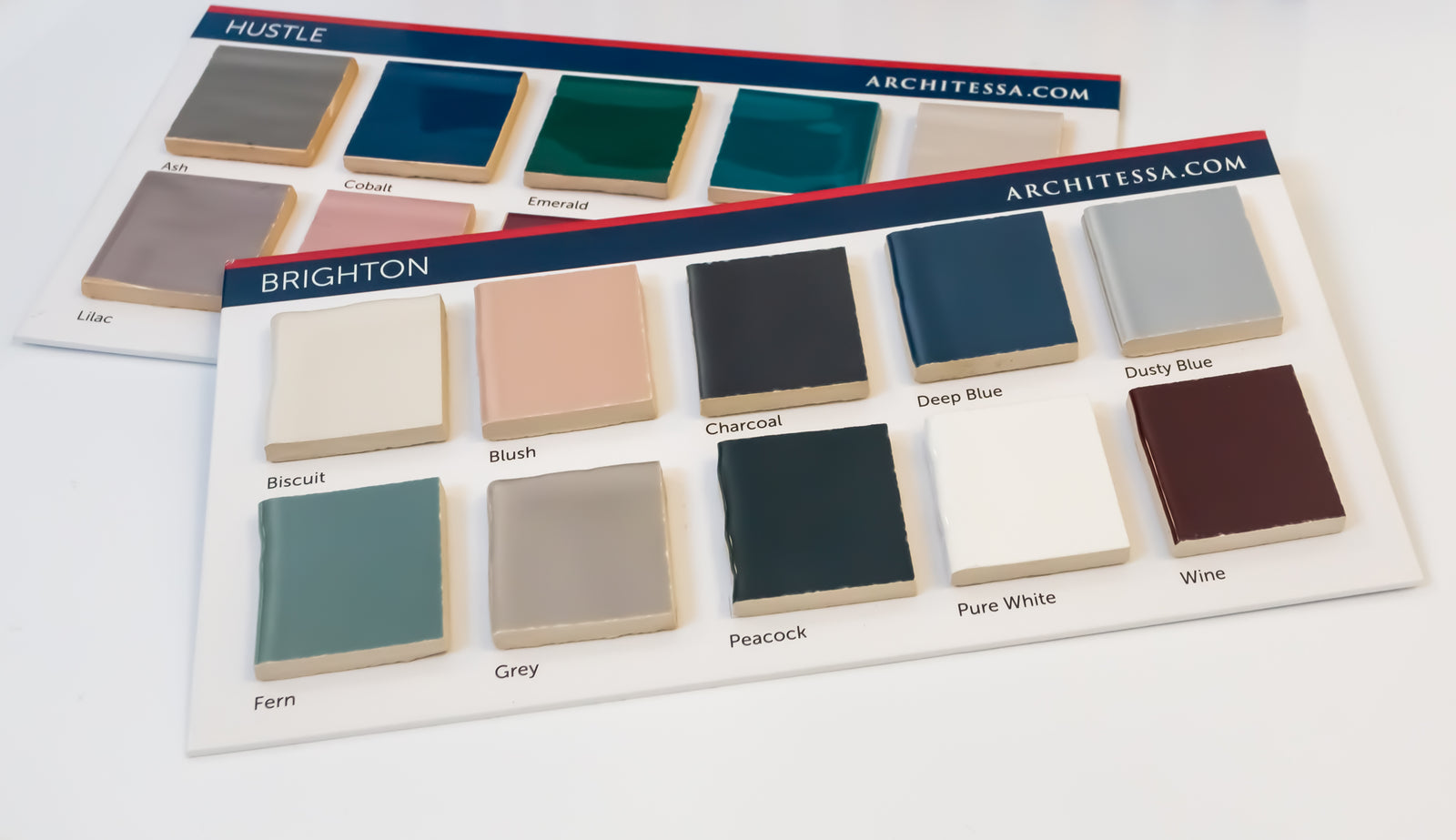 two library boards feature cut samples of Brighton and Hustle tiles